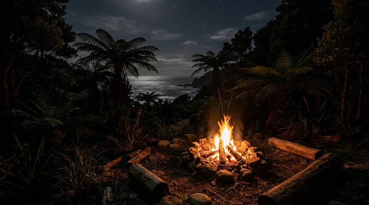 Campfire on a New Zealand coast